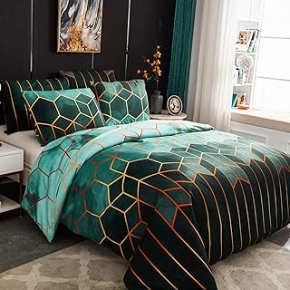 Duvet Cover Set 200 x 200 cm with 2 x Pillowcases 50 x 70 cm, Unique Fashion 3D Geometric Printed Boho Microfibre Bedding Set Bedding Linen with Zip for 2 People, Green