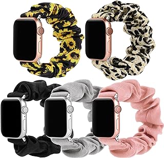 Bigqin 5 حزم فرقة Scrunchie متوافقة مع ساعة أبل 44 مم 42 مم، نمط نسيج ناعم بديل حزام مطبوع ل iWatch Series 6 SE 5 4 3 2 1، أسود وردي رمادي فهد عباد الشمس, Small