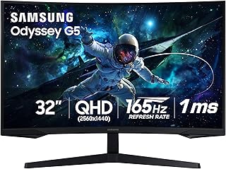 سامسونج شاشة العاب منحنية 32 انش سلسلة G55C QHD 1000R 1 مللي ثانية (ام بي ار تي)، HDR10، 165Hz، AMD راديون فري سينك، العناية بالعين، LS32CG550ENXZA، 2024، أسود