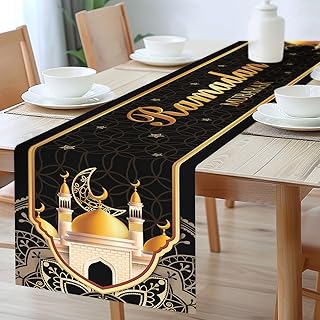 OTTPOOM Ramadan Table Runner Ramadan Mubarak Table Runners Black Gold Linen Ramadan Table Runner for Home Party Ramadan Table Decorations 13 X 72 Inch