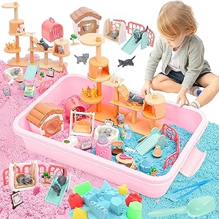 QUOTRE Magic Sand Sandbox Set, Gifts for Girls, Animal Care Toy, Kneading Sand Set, Play Sand with 1 kg Kneading Sand, Cat Dolls and 30 Animal Care Accessories, Sensory Sand Toy, Gift Children