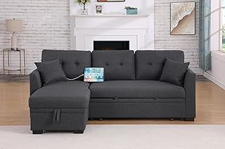 L-Shaped Pull Out Sleep Couch Bed Modern Reversible Sleeper Sectional Sofa Linen Upholstered Corner Tufted Convertible Sofabed W/Storage Chaise, USB Ports, Side Pockets and Pillows for Living Room