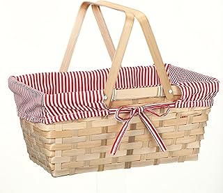 LOYIM Picnic Basket with Double Foldable Handles and Removable Liner, Woven Basket Empty Picnic Hamper for Picnic, Camping, Outdoor, Halloween, Easter, Birthday (Stripe Liner,Red and White)