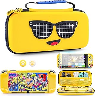 RHOTALL 7 in 1 Yellow Banana Carrying Case Set for Nintendo Switch OLED,Portable Traveler Accessories Bundle Cover Storage Bag,Hard Shell Dockable Case,Screen Protector,2 Thumb Caps-for Fortnite