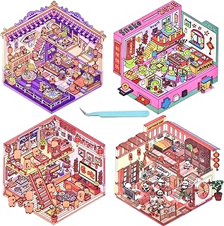 WISHTIME DIY 3D House Stickers - 4 Sets 3D Miniature Scene Stickers Make Mini Room Scenes Restaurant Bedroom New Year Style for Adult Relief Stress Pass The Time Style 3