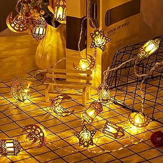 مصابيح زينة رمضان من 3 ام باضاءة LED مكونة من 20 مصباح LED لشهر رمضان ونجوم وقمر وعيد مبارك للمسلمين والمهرجانات والحفلات، لون ابيض دافئ