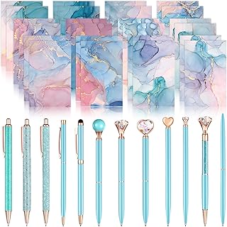 Pasimy 24 Pcs Marble Design Notebooks with Ballpoint Pens Set Metal Crystal Diamond Pretty Fancy Gifts Pocket Notepads Mini Journals Bulk for Women Students School Office