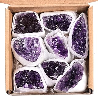 JIC جوهرة صندوق من الجمشت الأرجواني، العنقودية الطبيعية من Druzy Cluster Brazilian Healing Rocks Crystal Quartz Stone Collection و Reiki Home Decor حوالي 8 قطع هدايا