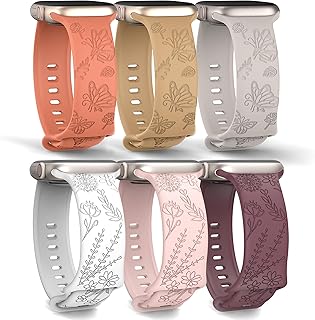 6 Pack Stylish Floral Engraved Smartwatch Bands for Women, Durable Soft Silicone iWatch Bands Compatible with Apple Watch Series 44mm 40mm 38mm 41mm 45mm 49mm 42mm Ultra 2 SE 9-1