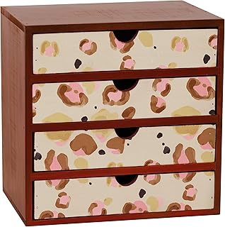 Leopard Print-Inspired Wooden Desk Organizer - 4-Drawer Desktop Storage - Modern & Rustic Wood Cabinet for Office Supplies, Craft Tools, & Home Organization - Artistic Drawer Unit