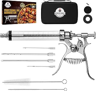 مجموعة مسدس حاقن تتبيلة اللحوم الاحترافية الاوتوماتيكية من ازوليز | 4 ابر تتبيلة من الدرجة التجارية واسطوانة بسعة كبيرة 2 اونصة | مقبض تلقائي لحقن التتبيلة والشواء ولحم الخنزير والبريسكيت، فضي