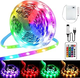 شريط بطارية LED 5 متر RGB 5050، يعمل بالبطارية او USB، جهاز تحكم عن بعد، قابل للتعتيم، 16 لون، شريط LED، ذاتي اللصق لتزيين الاضاءة الخلفية للتلفزيون وديكور الحفلات المنزلية