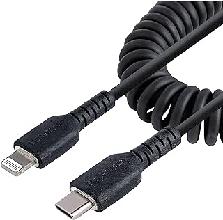 كيبل شحن USB C إلى لايتنينج بطول 50 سم معتمد من ابل شاحن ايفون ملتف بلون أسود ألياف الأراميد المتينة المطاط الحراري المرن ستارتيك RUSB2CLT50CMBC