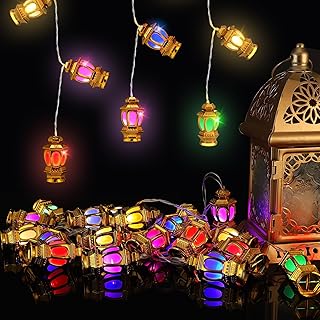 انفسين شريط اضاءة لشهر رمضان والعيد 10 قدم 20 مصباح LED يعمل بالبطارية بتصميم اسلامي مبارك للديكور الداخلي مع وضعين فلاش لمستلزمات ديكور المنزل والحديقة والفناء 9.8 فانوس ملون 1