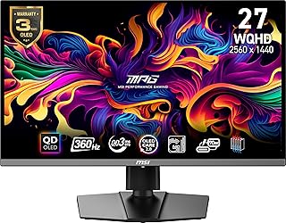 MSI شاشة العاب 27 OLED 271QRX QD-OLED من ام بي جي، 2560 × 1440 (QHD)، وقت استجابة OLED 0.03 مللي ثانية، 360Hz، ترو بلاك HDR 400، HDMI، منفذ DP، USB نوع C، امالة، ارتفاع، أسود