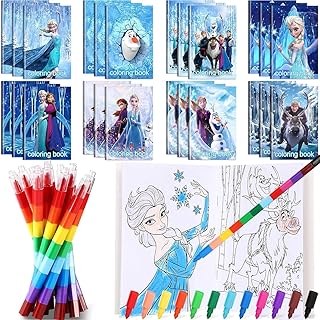 24 Pcs Small Cartoon Coloring Books for Kids, Bulk Princess Colouring Books with 12 Stacking Crayons. Winter Party Favors Mini DIY Drawing Activity Books for Goodie Bags Stuffers and Classroom Prizes