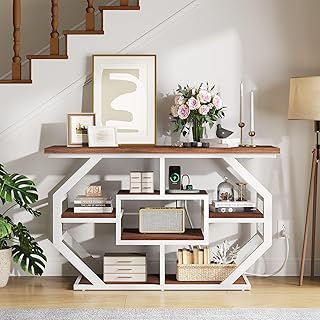 YITAHOME 51 Inch Console Table Sofa Table with Power Outlets, Modern Entryway Table Foyer Table with Storage Shelves, Long Narrow Accent Table for Entrance, Hallway, Living Room, White & Walnut