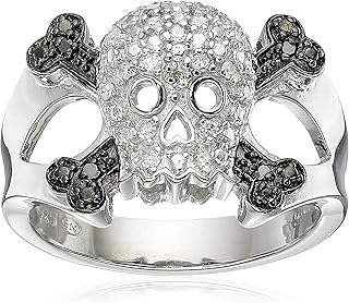 .925 Sterling Silver 1/10 Cttw Black & White Diamond Skull and Crossbones Men's or Ladies' Ring (I-J Color, I2-I3 Clarity)