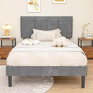 VECELO Twin Size Platform Bed Frame with Adjustable Velvet Upholstered Headboard, Mattress Foundation with Wooden Slats Support, No Box Spring Needed, Noise-Free, Easy Assembly, Dark Grey