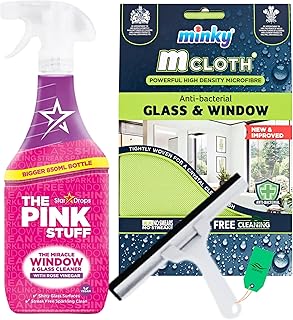 Window and Glass Cleaner Spray Bundle with Ferwizz Squeegee and Minky Glass Cloth and Pink Stuff Shower Glass Cleaner 850ml