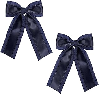 4in Navy Blue Ruffle Satin Ribbon Hair Bow Clips For Teens Toddler Girls Long Tail Tassel Ribbon Hair Barrettes Alligator Hairpins Wedding Dance Dress Party Decor Accessory Mom Daughter Gifts