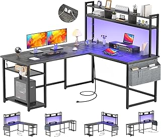 اهيبلاس مكتب على شكل حرف L مع منفذ طاقة وشريط LED، مكتب كمبيوتر زاوية قابل للعكس على شكل حرف L مع رف تخزين وحامل شاشة، مكتب كتابة منزلي عصري لشخصين، خشب البلوط الرمادي