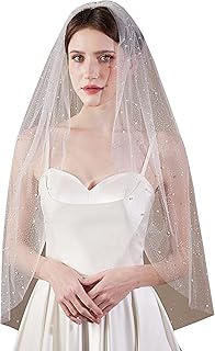 EllieWely 1 Tier Glitter Tulle Pearl Wedding Bridal Veil With Metal Comb F06