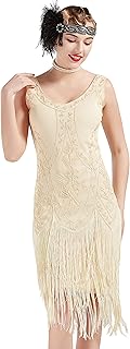 1920s Flapper Dress Roaring 20s Great Gatsby Costume Dress Fringed Embellished Dress Apricot