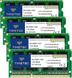 تايم تيك مجموعة 32GB 4x8GB DDR3 / DDR3L 1333MHz PC3-10600 غير مخزن مؤقت 1.5 فولت 1.35 CL9 2Rx8 ثنائي التصنيف 204 دبوس SODIMM لابتوب نوت بوك كمبيوتر ترقية وحدة ذاكرة RAM 32GB عدة 4x8GB