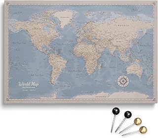 Personalised World Map Canvas with Backboard Pin Board, Perfect for Travellers and Wall Decoration, Decorative Canvas Pictures, Includes 100 Pins (Design 6 EN, 120x80cm)