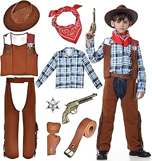 BuzzoXerex Children's Cowboy Costume, 9-Piece Western Cowboy Set Costume, Cowboy Costume Children with Cowboy Shirt, Cowboy Hat, Cowboy Neckerchief Belt for Carnival, Cosplay Party, Stage Shows (S)