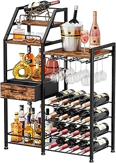 HapiRm Wine Rack Freestanding Floor - Multi-Tier Liquor Cabinet with Fabric Drawer, Liquor Bottle Display Shelf with Glass Holder, Vintage Whiskey Cabinet for Home