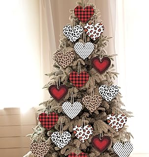 Vercraft 30 Pcs Valentine's Day Heart Shaped Wooden Ornaments Hanging Decorations Wooden Buffalo Plaid Check Polka Dot Leopard Heart Shaped Decor with Ropes for Valentine's Day Wedding Party Favor