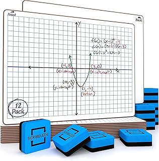 سكريبليدو 12 قطعة من الواح الرسم البياني ذات المحور XY الجاف مقاس 9 انش × 12 انش للاستخدام في الطلاب والفصول الدراسية، لوحة بيضاء للرياضيات - الواح بيضاء مزدوجة الجوانب مع 12 ممحاة متضمنة