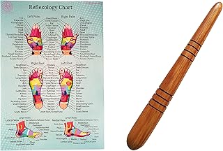 مجموعة ادوات تدليك مع مخطط للمحترفين لتدليك اليد والقدمين بعصا خشبية ريفليكسولوجي (انجليزي، مجموعة ايه)، بني