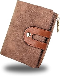 Jiusely Women's Small Leather RFID Purse Bifold Wallet, Brown Ladies Purse, Women Credit Card Holder Coin Purse, PU Leather Small Wallets for Women, Ladies Small Purse with ID Window