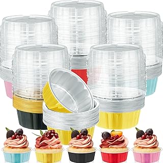 100 Pack Disposable Ramekins with Lids 8 oz Creme Brulee Ramekin Aluminum Foil Cup Cupcake Liner for Baking Disposable Muffin Tin Pan Cheesecake Container for Catering Wedding Party (Multi Colors)