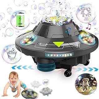 ROHSCE Bubble Machine for Kids - Automatic Bubble Maker with LED Light & Music, Rotating 360° UFO Toys, Bubble Blower for Dogs Cats, Cool Outdoor Toy for 1-3 3-8 Year Old Boys & Girls Birthday Gifts