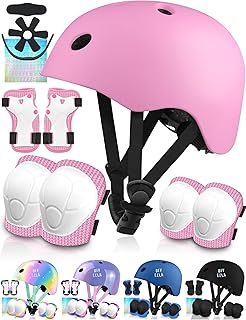 Vvinca Kids Bike Helmet with Knee Pads Elbow Pads Wrist Guard, Adjustable Toddler Helmet Protective Gear Set with DIY Stickers for 3-5-8 Boys Girls Multi-Sport Bicycle Skateboard Scooter Roller Skates