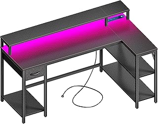 سوبرجاري مكتب على شكل حرف L مقاس 53 انش مع مصابيح LED ومنافذ طاقة، مكتب كمبيوتر قابل للعكس مع ارفف ودرج، مكتب زاوية للمنزل والمكتب من الياف كربونية، اسود