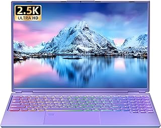 لابتوب رمتوك 16 انش باطار رفيع للغاية 2.5K QHD (2560x1600) IPS، سيليرون N5095، ذاكرة RAM 16G 512G SSD، كيبورد باضاءة خلفية ملونة، بصمة اصبع، نوع C/HDMI/HDD توسيع، ويندوز 11 لدراسة الاعمال (ارجواني،