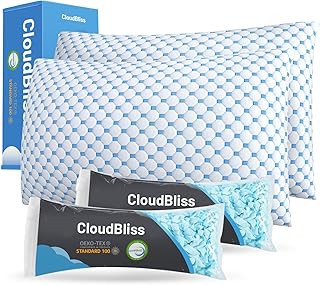 CloudBliss Cooling Bed Set of 2 Pillows for Sleeping, Shredded Memory Foam Pillows with Washable & Breathable Pillowcase, Adjustable Height Pillow for Side, Back and Stomach Sleepers (Queen Size