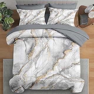 Pamnest Comforter Set King Size, Marble Black Gold Stone 7 Pcs Bedding for Kids and Adults, Gray Vintage Retro Bed Sheet Sets with Fitted Sheet 2 Pillowcases & 2 Shams for Bedroom Bed Decor