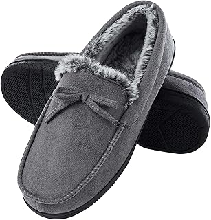 Men-Moccasin-Slippers-Indoor-Outdoor, Suede Mens House Slippers with Memory Foam, Faux Fur Lining Bedroom Slippers for Men Non Slip Outsole Grey