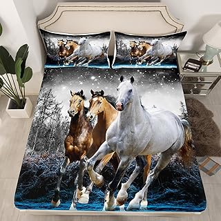 Feelyou Horse Bed Sheet Set Galloping Horse Bedding Sheets for Kids Boys Girls Wildlife Bedding Fitted Sheet Farm Animal Bed Cover 1 Bed Sheet Set with 2 Pillowcases Queen Size