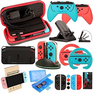 EOVOLA Accessories Kit for Nintendo Switch Games Bundle Wheel Grip Caps Carrying Case Screen Protector Controller Charger (17 In 1)