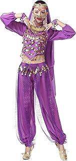 Women Belly Dance Outfit Coins Top Pants Face Veil Set Halloween Costume