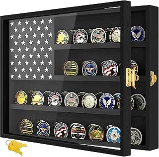 Military Challenge Coin Display Case 16 x 12 in, Wooden American Flag Shadow Box with Anti-Dust UHD Acrylic Door, Gold-Antitheft Lock & Wall Mount, Gift for Collectors (Black Large)