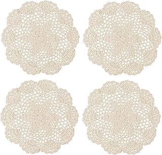 Aernajialin 4 PCS Vintage Crochet Doilies 8 Inches Round Cotton Coasters Handmade Lace Placemats Crafts Tables Food Bulk Doily Cloth Set for Wedding Birthday (Beige)