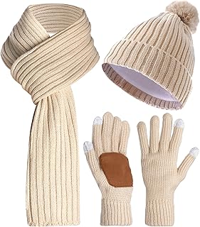 Womens Knit Hat Scarf Glove Set, Winter Hat Scarf Gloves Womens Winter Accessory Sets for Women with Warm Pom Pom Winter Hat, Touchscreen Gloves, Long Knit Scarf, Oatmeal, One size